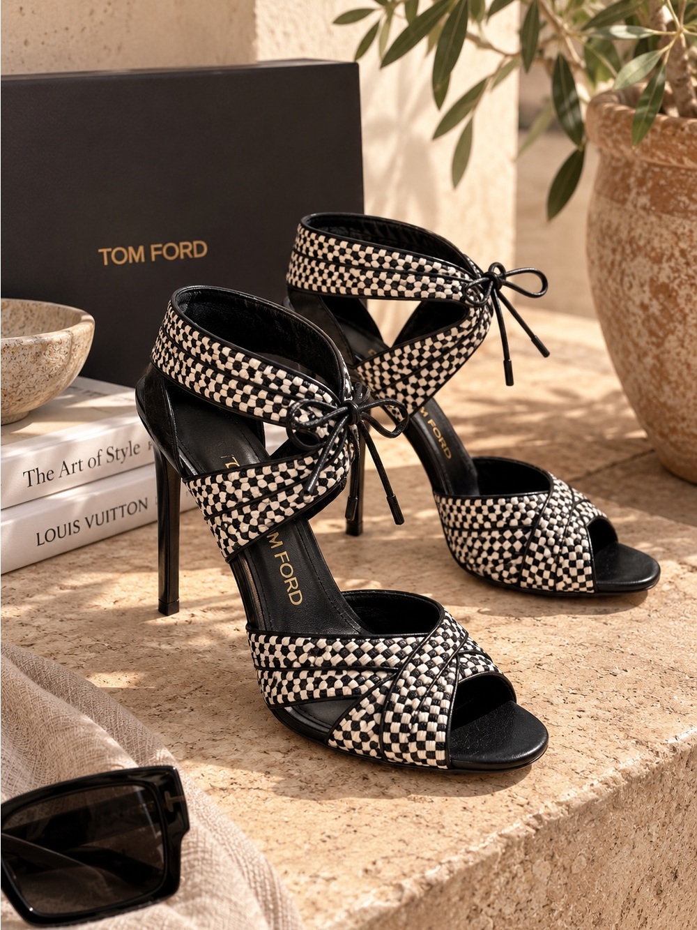 Tom ford Woven Black and White Check Peep-Toe Ankle Tie Sandals
